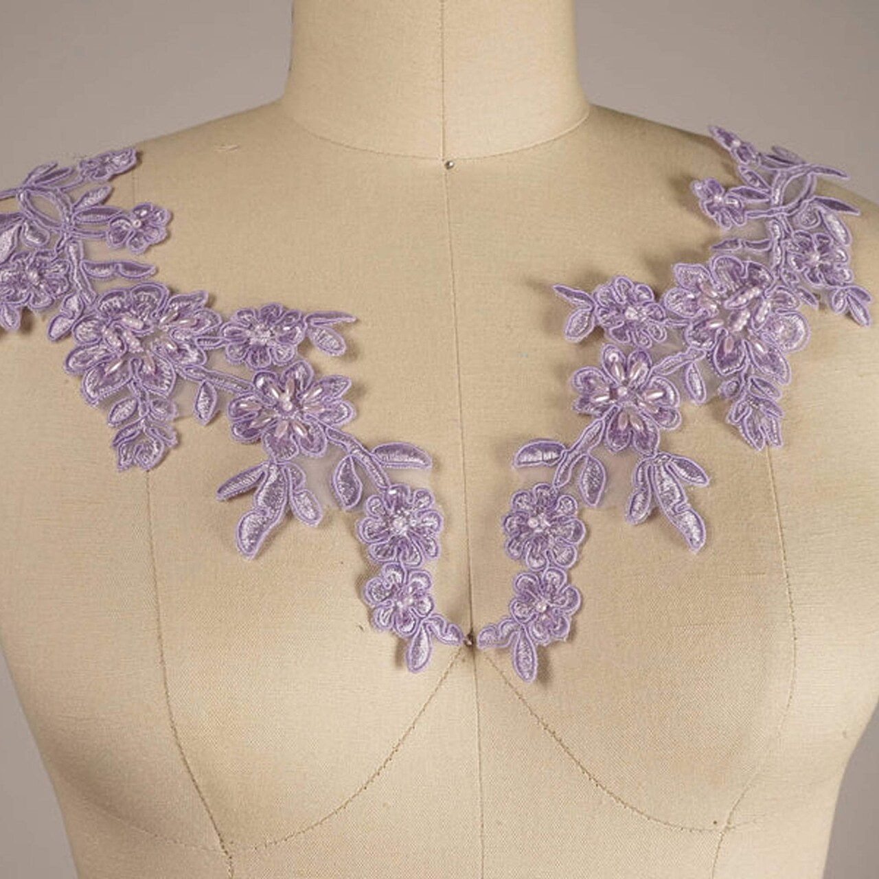Lavender Beaded Alencon Lace Applique Patch Set of 2 10 Inch Chiffon Backing